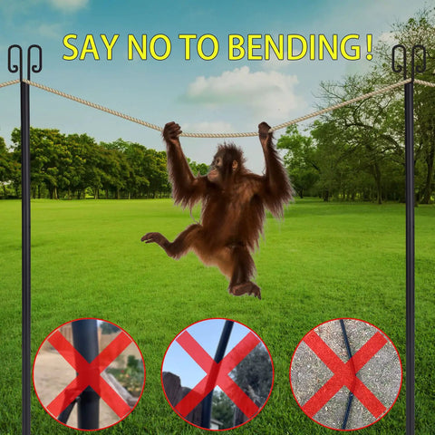 Beefy 100 Inch Outdoor String Light Poles 2 Pack holding rope with orangutan swinging, showcasing stability in garden setting.