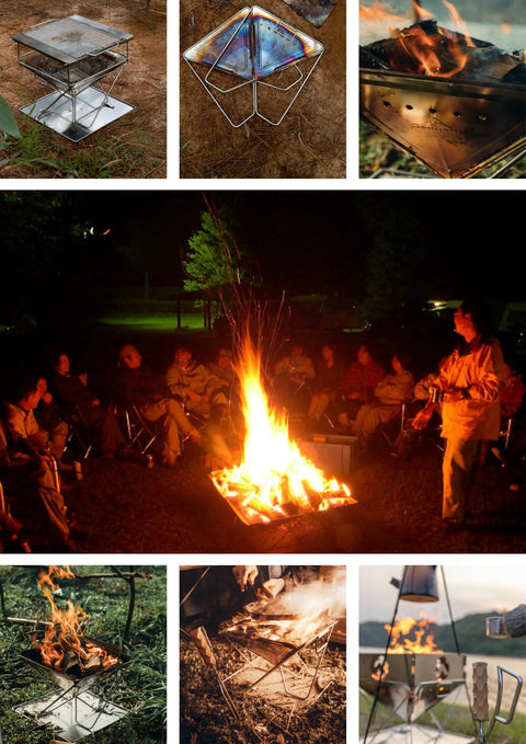 Collage of Three In One Flatpack Portable Fire Pit And Grill 16 Inch Heavy Duty Stainless Steel Wood Burning Camping Stove in various settings