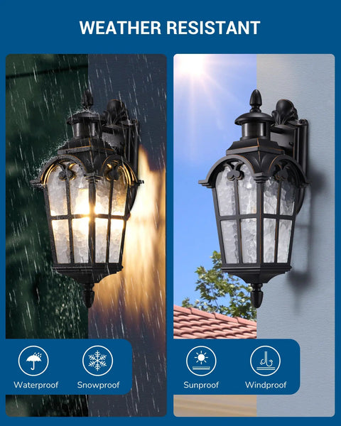 Lit Outdoor Motion Sensor Wall Light With Dusk To Dawn Feature Water Ripple Glass Porch Lantern shown in rain and sun