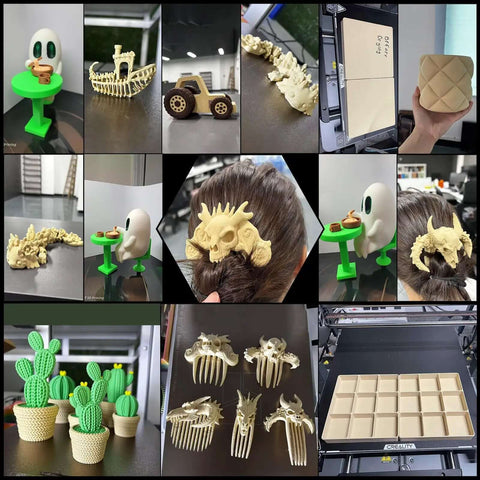 Collage of 3D printed models using Matte Beige PLA Filament 1.75mm for Bambu Lab printers, including cacti, decor, and hair accessories.