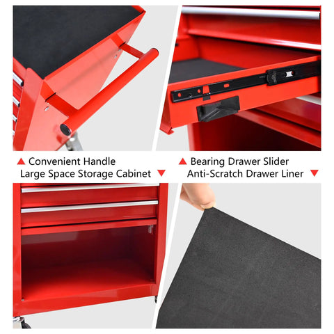 Red 4 Drawer Rolling Tool Cabinet With 4 Wheels And Parking Brakes 24.4 Inch Mobile Tool Chest With Ball Bearing Drawers For Garage Warehouse And Workshop Workhorse Heavy Duty Metal Storage Chest For Tools And Parts, handle and drawer close-up