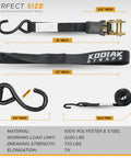 Heavy Duty Ratchet Strap Set 4 Pack 1 Inch Wide By 17 Feet 2200 Lb Break Strength Soft Loops Beefy Coated Deep S Hooks Carry Bag Cargo Tie Downs For Truck Bed And Trailer dimensions and material details image