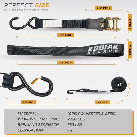 Heavy Duty Ratchet Strap Set 4 Pack 1 Inch Wide By 17 Feet 2200 Lb Break Strength Soft Loops Beefy Coated Deep S Hooks Carry Bag Cargo Tie Downs For Truck Bed And Trailer dimensions and material details image