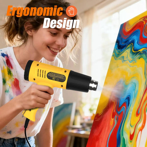 Woman using 1300W Heat Gun With Adjustable Temperature And Overload Protection, Dual Gear Button Control, Yellow Nozzles on painting