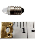 Warm White E10 Mini LED Bulb beside ruler showing size, perfect for 3 Volt Small Flashlights and Tiny Lamps Dope for DIY Projects and Home Use