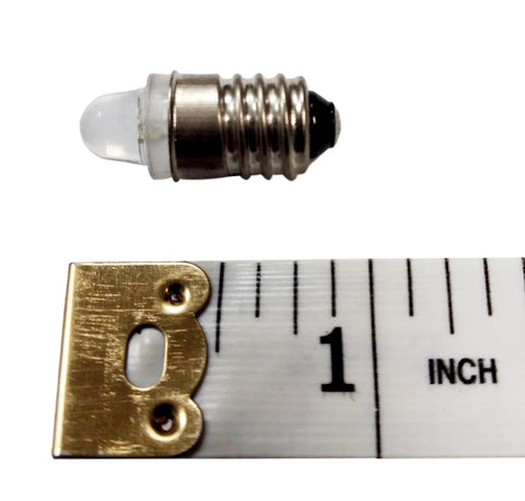 Warm White E10 Mini LED Bulb beside ruler showing size, perfect for 3 Volt Small Flashlights and Tiny Lamps Dope for DIY Projects and Home Use