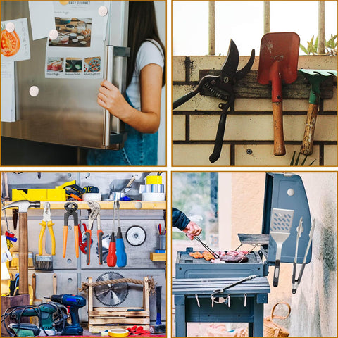 Neodymium disc magnets, 1.26 in dia, 1/8 in thick, pack of 12 with double-sided adhesive; fridge magnets in tool collage.