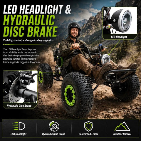 Super Slick 212cc Gas Powered Off-Road Go Kart For Teens And Adults That Hits 35 MPH With A Mighty 7.5 HP Engine featuring LED headlight and hydraulic disc brake.
