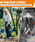 Elderly man using Two In One Garden Hoe With Cultivator Rake for fast weeding; ergonomic handle contrasts kneeling woman weeding.