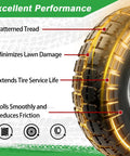 Close-up of 10 Inch Heavy Duty Solid Flat Free Tire And Wheel with highlighted features for Carts And Hand Trucks, 4.10/3.50-4.