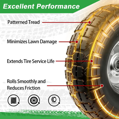 Close-up of 10 Inch Heavy Duty Solid Flat Free Tire And Wheel with highlighted features for Carts And Hand Trucks, 4.10/3.50-4.