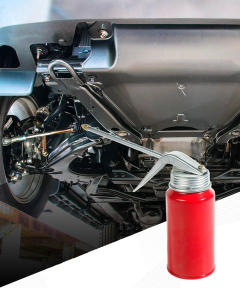 Heavy Duty Rust Free Steel Oil Pump Gun With Smooth Twist Spout Hassle Free Bottle For Quick Engine Lubing On Cars Bikes And Trucks, shown under vehicle.