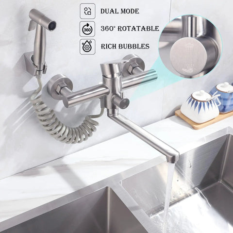 Wall Mount Kitchen Faucet With Side Sprayer, Workhorse Pro Grade Commercial Faucet, Brushed Nickel Stainless Steel, mounted over sink