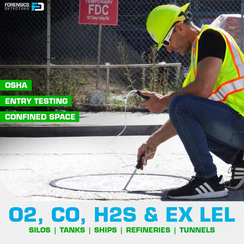 Technician using 4 Gas Monitor With Built In Pump And Probe for O2, CO, H2S, LEL detection near confined space entry.