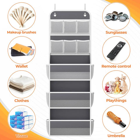 Five Tier Over The Door Organizer With Mesh Pockets For Grab And Go Closet Bathroom And Bedroom Storage Adjustable Hanging Organizer For Cosmetics Books And Everyday Essentials Dark Grey in use with various items
