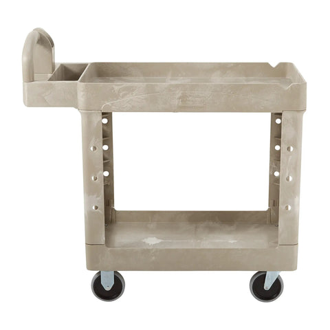 Heavy Duty Two Shelf Utility Cart With Lipped Shelves And Ergonomic Handle, 500 Lb Capacity, Beige, Rugged Workhorse For Warehouse