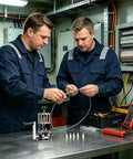 Two technicians using a Compact Electric Wire Stripper Tool for recycling copper wire in a workshop.