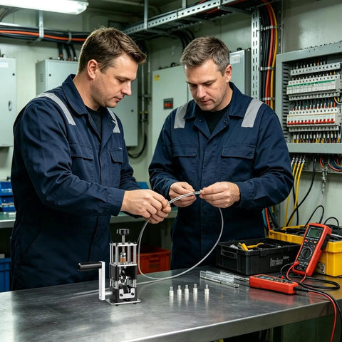 Two technicians using a Compact Electric Wire Stripper Tool for recycling copper wire in a workshop.