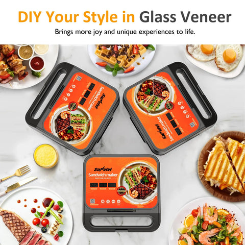 Super Awesome 3-In-1 Electric Sandwich Maker With Removable Nonstick Plates, 1000 Watts For Waffles Paninis And Eggs, Quick Easy Cooking In Sleek Black Finish on a marble kitchen countertop.