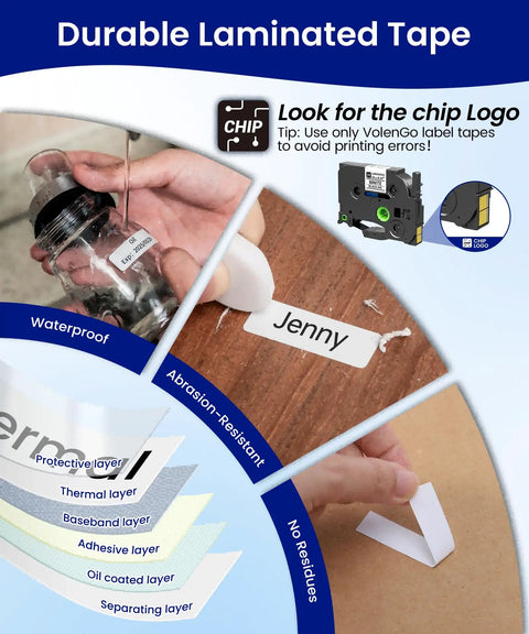 Handheld Label Printer Machine With 12 Mm Waterproof Tapes And Laminated Vinyl Sheets For Kids Backpacks And Classroom Organization Multiple Templates And Kick Ass Chemical Resistance showing labels on jars and surfaces.