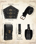 Badass Renaissance Belt Pouch Set With Detachable Corset Strap Soft Leather Bracers Vintage Coin Purse And Utility Hook Strap For Ren Faire Larp Gear That Legit Slaps At The Fair displayed with dimensions.
