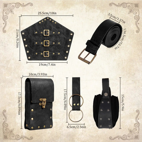Badass Renaissance Belt Pouch Set With Detachable Corset Strap Soft Leather Bracers Vintage Coin Purse And Utility Hook Strap For Ren Faire Larp Gear That Legit Slaps At The Fair displayed with dimensions.