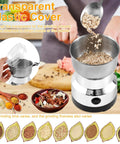 Smooth Electric Burr Coffee Grinder And Stainless Steel Spice Mill For Beans Peppers Herbs With Lightning Fast One Button Grinding And A Roomy 300ml Catch Cup Major Kitchen Flex, with transparent lid, grinding herbs.
