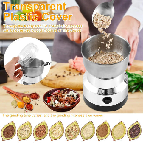 Smooth Electric Burr Coffee Grinder And Stainless Steel Spice Mill For Beans Peppers Herbs With Lightning Fast One Button Grinding And A Roomy 300ml Catch Cup Major Kitchen Flex, with transparent lid, grinding herbs.