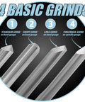 Lathe tool sharpening jig with setup blocks; four grind profiles for bowl gouge and spindle gouge.
