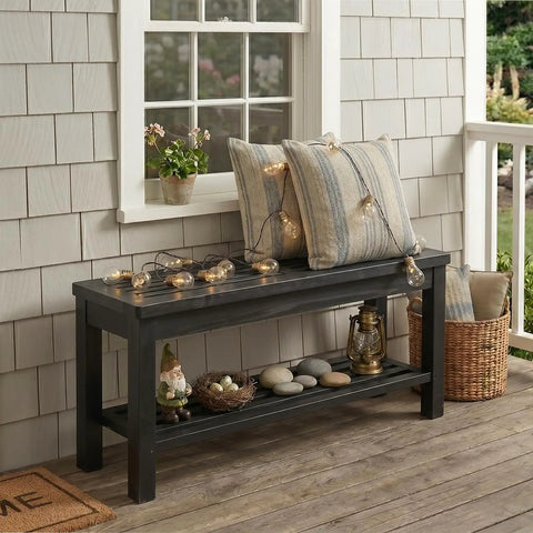 Rugged Rustic Storage Bench With Solid Wood Seat And Slatted Shelf Indoor Outdoor Shoe Rack 450 Lb Capacity Black 40 Inch Entryway