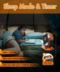 Woman reading in tent with 40,000mAh Rechargeable Battery Powered Oscillating Floor Fan With Remote, ideal for camping comfort.