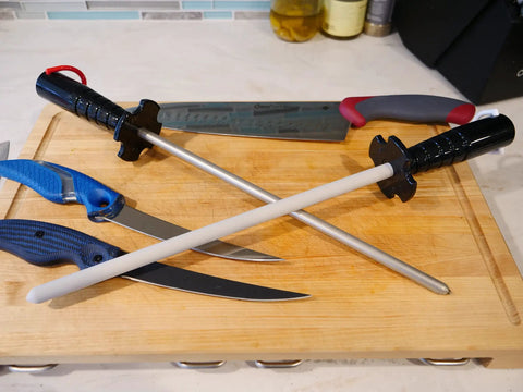 CS2 Ceramic Knife Sharpener And Honing Rod 12 Inch for Razor Sharp Edges on cutting board with kitchen knives