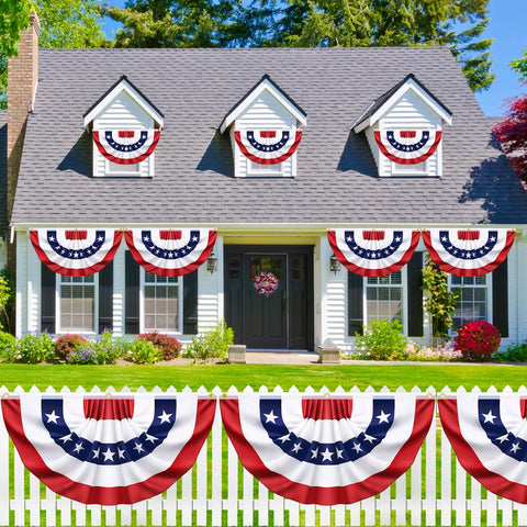 8 Pack Pleated Bunting Flags For Outdoor Use 1.5x3 Ft Red White And Blue American Patriotic Half Fan Banners displayed on a house and fence