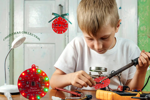 Child using Starter Soldering Kit for Christmas Projects with LED Light Up Tree Decor, Learn Through Hole Soldering and Circuit Basics.
