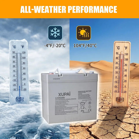 ApolloLift 12V 65Ah Lead Acid Battery For Electric Pallet Jack Truck Model A-1029 displayed with temperature extremes.
