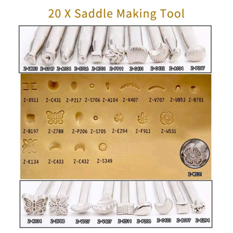 20 saddle making tools from 65 Piece Leather Craft Tools Kit With Stamping Punches, Dotting Tools, and Rotating Knife.