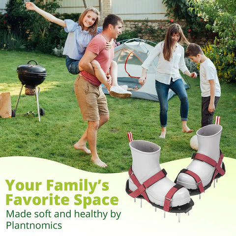 Family enjoying garden while showcasing Lawn Aerator Shoes With Adjustable Straps Preassembled Spikes One Size Fits All
