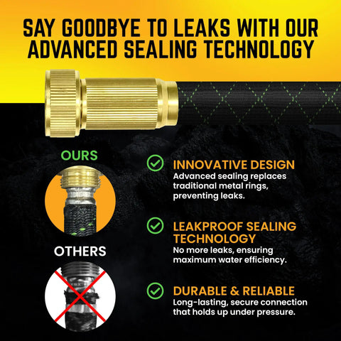 Close-up of leak-proof connection feature on Non-Expandable 75 Feet Stainless Steel Garden Hose With Durable Fabric Skin, Heavy Duty Metal Water Hose For Commercial And Residential Use, Leak-Proof Connection Upgrade, Bonus 10 Way Spray Nozzle, Black.