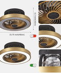 Enclosed Low Profile Ceiling Fan With Light In Modern Gold 3 Color Dimming LED Lights 6 Speed Indoor Ceiling Fan For Bedroom And Living Room Quiet Energy Efficient Includes 2H Smart Timer, showcasing measurements and fan details