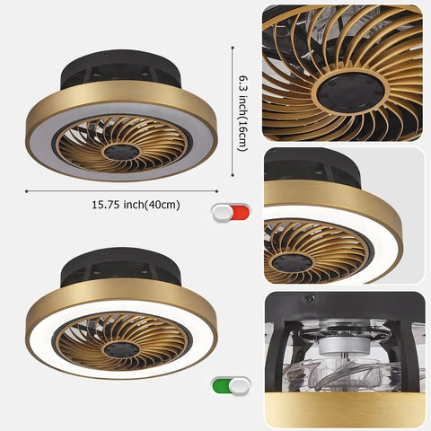 Enclosed Low Profile Ceiling Fan With Light In Modern Gold 3 Color Dimming LED Lights 6 Speed Indoor Ceiling Fan For Bedroom And Living Room Quiet Energy Efficient Includes 2H Smart Timer, showcasing measurements and fan details