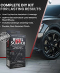 Matte Black Rim Touch Up Paint And Wheel Scratch Repair Kit Banish Gnarly Curb Rash On Alloy Wheels With Dual Tip Applicator in box with wheel.