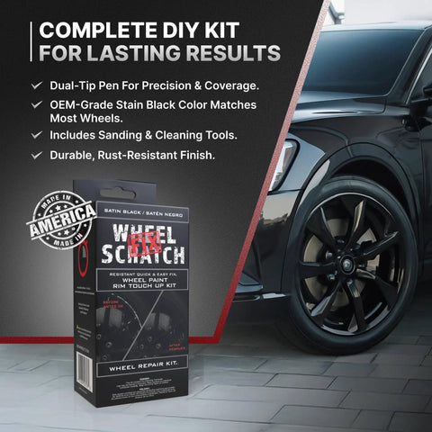 Matte Black Rim Touch Up Paint And Wheel Scratch Repair Kit Banish Gnarly Curb Rash On Alloy Wheels With Dual Tip Applicator in box with wheel.