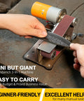 Person using 3 In 1 Mini Belt Sander With Knife Sharpener And Electric Bench Grinder For Metal And Wood DIY Handcraft Beast Mode Power Seven Speed Adjustable Polisher Includes Sanding Belts