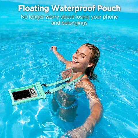 Woman swimming in pool wearing floatable waterproof phone pouch 2 pack up to 10.0 inch black and green case with IPX8 seal snap lock.