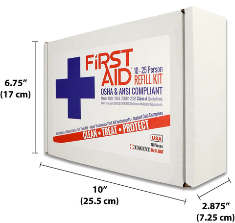 Front view of white OSHA/ANSI First Aid Kit Refill Box, 25-person, 78 pieces; dimensions 10 x 6.75 x 2.875 in