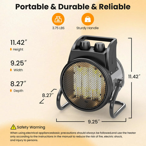 Portable 1500W PTC Ceramic Space Heater With Thermostat And 90 Degree Adjustable Angle displayed with dimensions and features