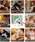 Collage of people using Hot Glue Gun Kit With 30 Glue Sticks for crafts and DIY projects on various materials like metal, wood, fabric.
