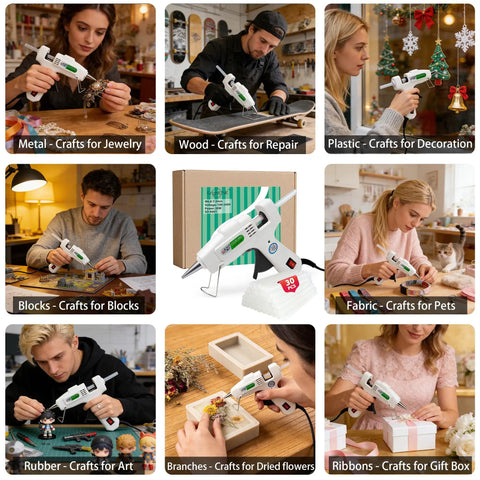 Collage of people using Hot Glue Gun Kit With 30 Glue Sticks for crafts and DIY projects on various materials like metal, wood, fabric.