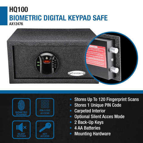 Biometric and Keypad Safe with Dual Access for Home or Office, solid steel, stores up to 120 fingerprints, carpeted interior.