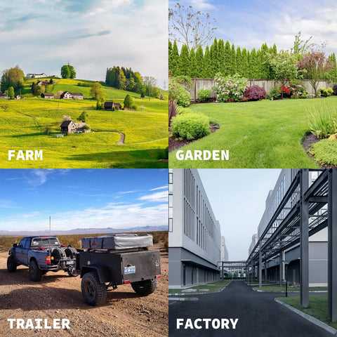 Two tiny safety coupler pins, 316 stainless steel, 1/4 in dia, 50 mm length; collage showing farm, garden, trailer, factory.